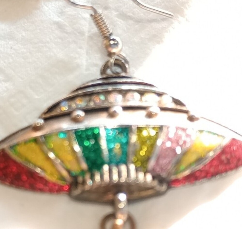 Vintage Multicolor Glitter UFO and Rocket Drop Earrings MCM Mid-century Modern - Picture 9 of 10